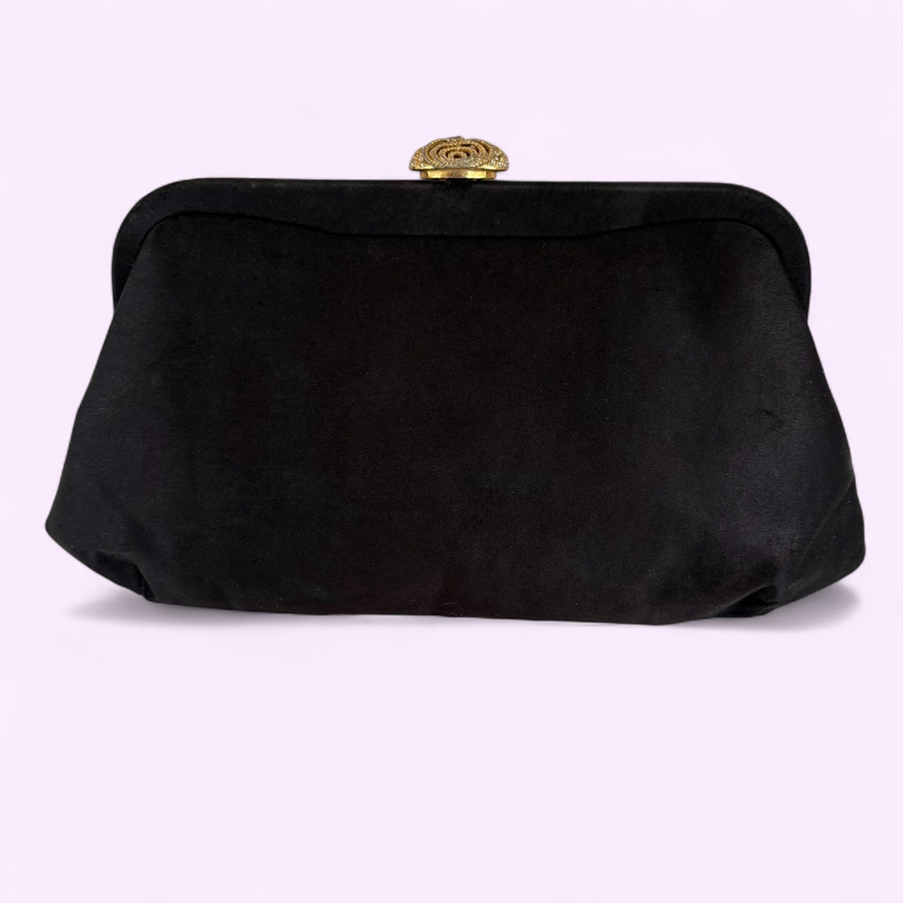 1950s Black Satin Clutch Rhinestone Gold Clasp
